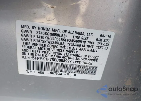 2014 Honda Ridgeline Sport из США, поврежденный, VIN 5FPYK1F76EB008997